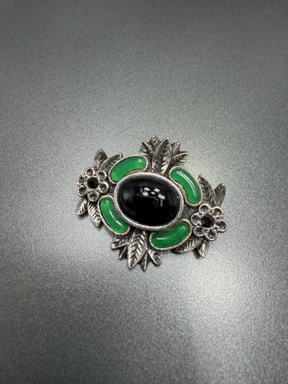 Vintage Celtic  Brooch with Black Center and Green Gripoix #8CEL